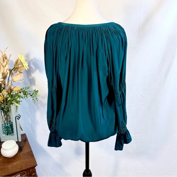 Ramy Brook Teal Embellished V Neck Gathered Sleeve Blouse Sz Medium🧡 - Picture 5 of 10